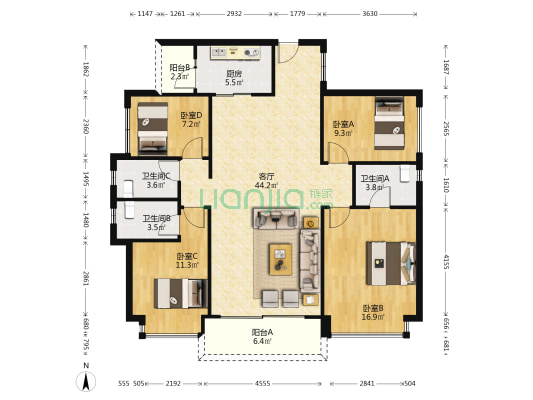 保利碧桂园天滨花园 4室1厅3卫 141平方