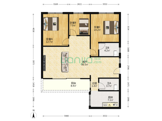 绿泉花园 3室1厅2卫 113平方