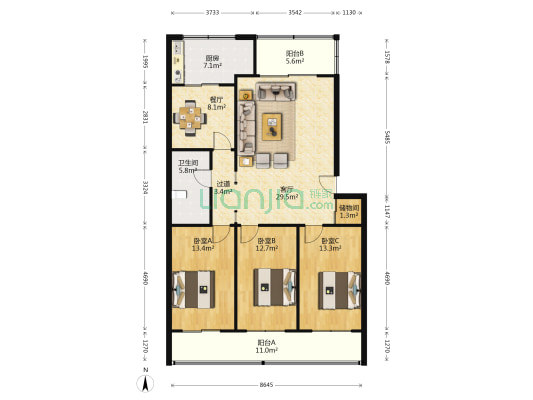 渔阳宾馆家属院 3室2厅1卫 133平方