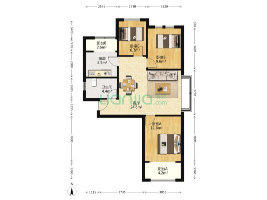天瑞景苑 3室1厅1卫 104平方