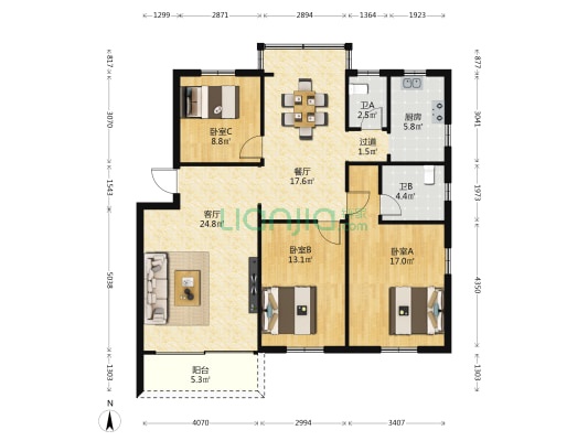 新城街 3室2厅2卫 117平方