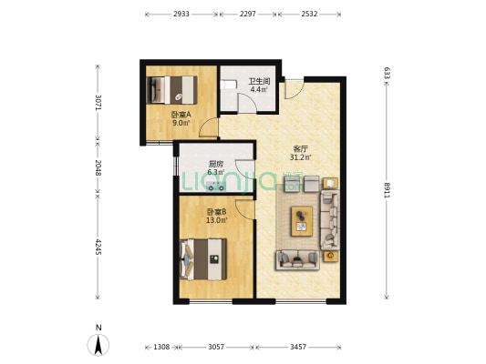 鸿坤理想湾南区 2室2厅 南-户型图