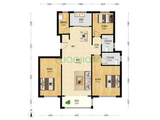 澜岸铭苑 3室1厅2卫 135平方