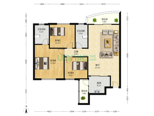 嘉景花园 3室1厅2卫 118平方