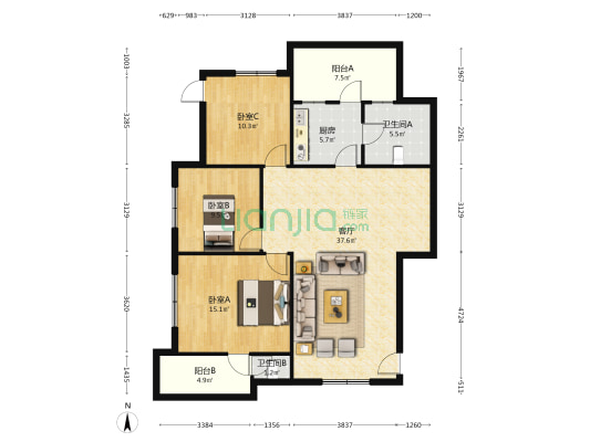 横荷 3室1厅2卫 106平方