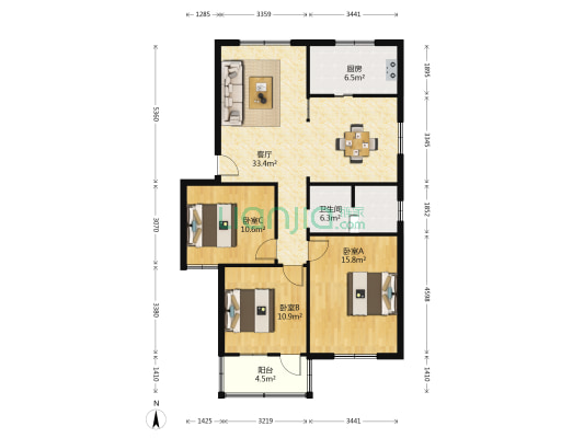 中山北路308号 3室1厅1卫 108平方