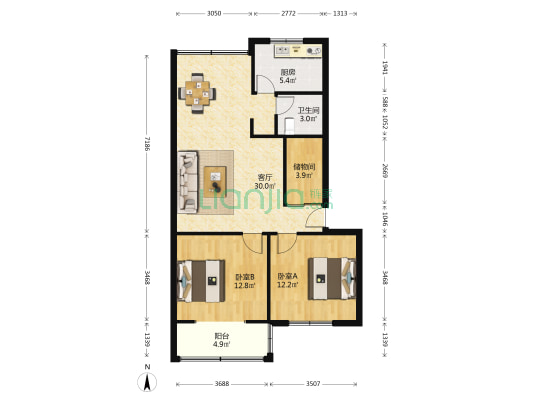 高升桥北街6号 2室1厅1卫 87平方