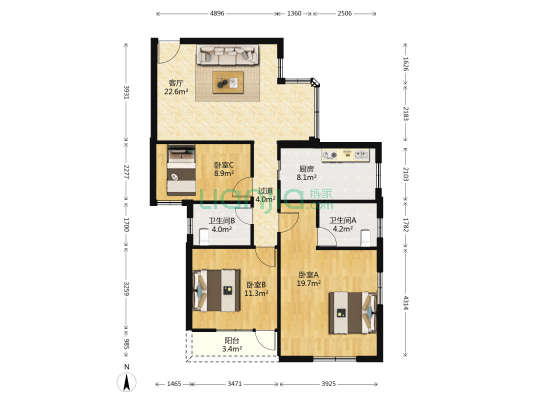 南盛花园 3室1厅2卫 93平方
