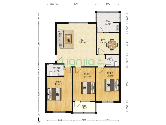 东畔花苑 3室2厅2卫 129平方