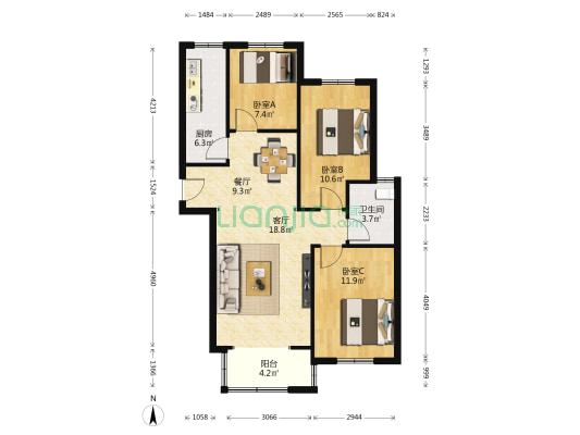 凯利世龍城 3室2厅1卫 110平方