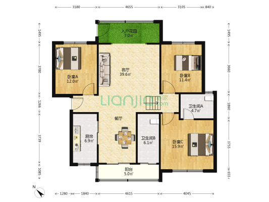 玫瑰园十三公寓 3室1厅2卫 126平方
