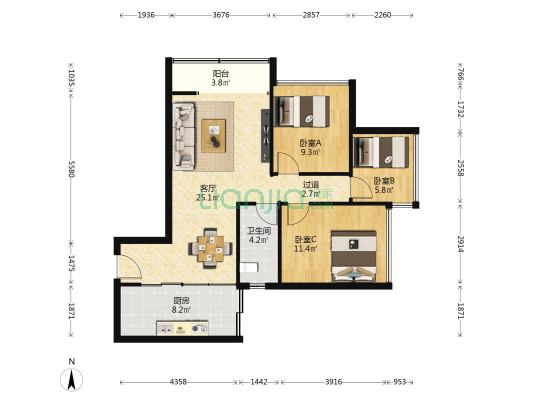万汇城 3室1厅1卫 87平方