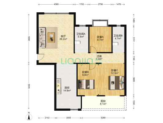 华府名居 3室1厅2卫 124平方