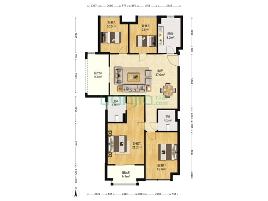 开元名都 4室1厅2卫 142平方