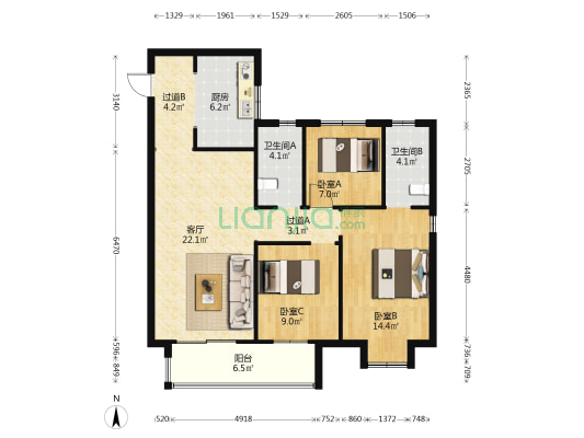 锦艺昆明之光 3室1厅2卫 114平方