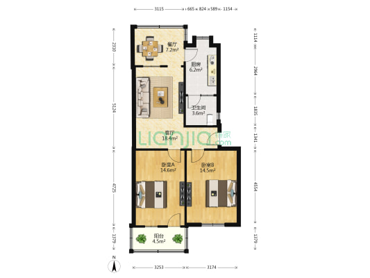 电机厂宿舍 2室2厅1卫 76平方