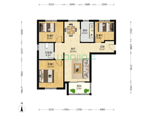 龙湖原山一期 3室1厅1卫 88平方