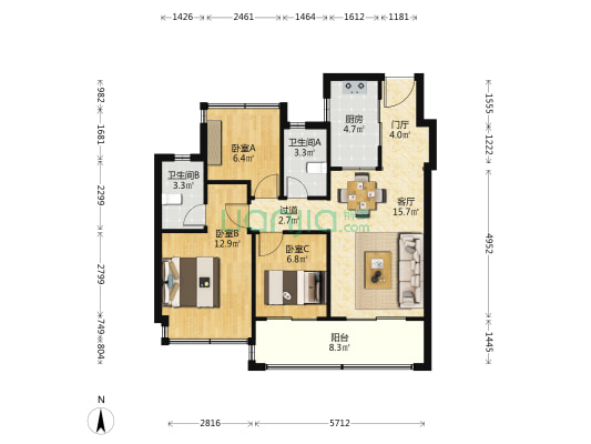  山和九著 3室1厅2卫 89平方