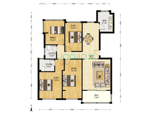 中吴红玺御园 3室1厅2卫 130平方
