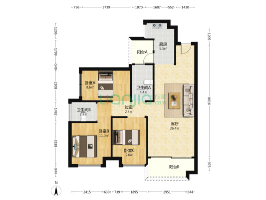 牧云溪谷六期云禧 3室1厅2卫 95平方