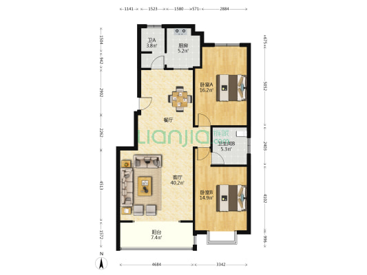 长运锦园 2室1厅2卫 109平方