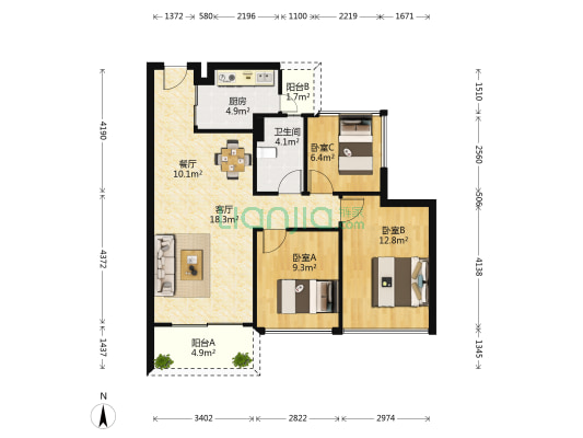 龙光玖龙湾 3室2厅1卫 89平方