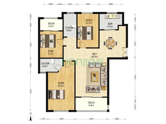 中源凝香华都 3室1厅2卫 130平方