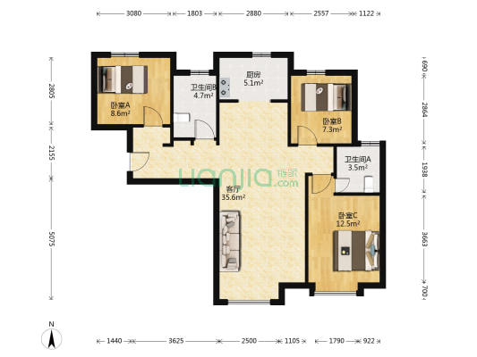 潮白河孔雀城紫荆园 3室1厅2卫 96平方
