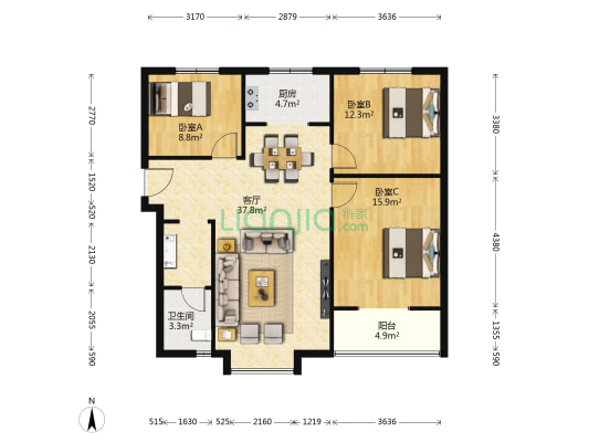 格兰春天住宅小区 3室1厅1卫 112平方