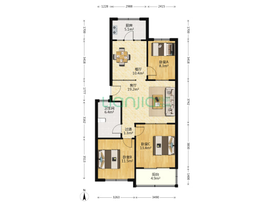 蓬莱装饰公司家属楼 3室2厅1卫 95平方