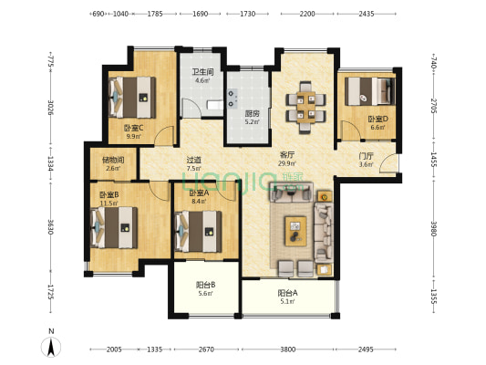五洲国际广场(射阳县) 4室1厅1卫 116平方
