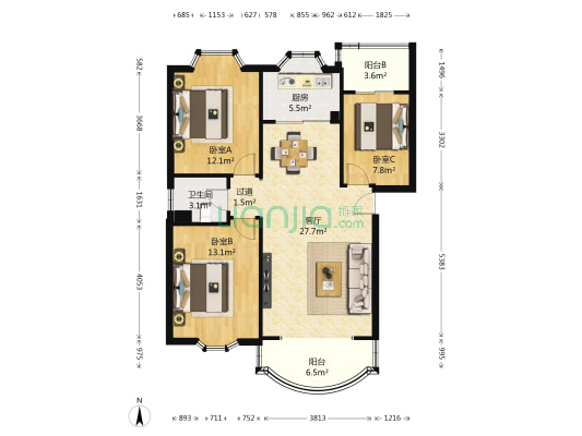江东丽景园 3室1厅1卫 93平方