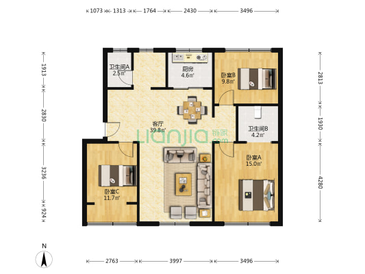 文荟三园 3室1厅2卫 108平方