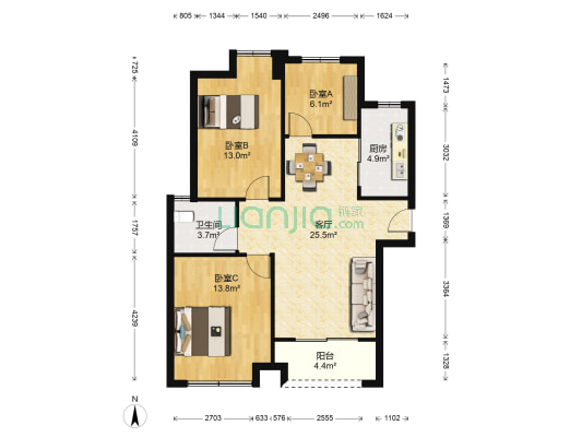 天汇龙城二期 3室1厅1卫 95平方