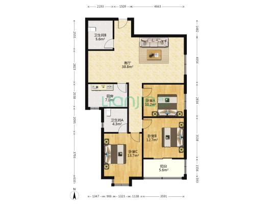 天都佳苑 3室1厅2卫 128平方