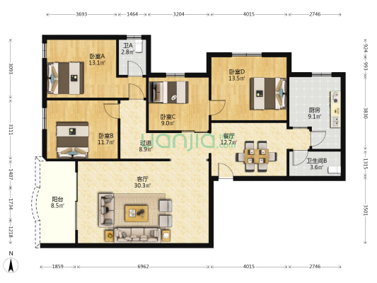 鸿升大厦 4室2厅2卫 149平方