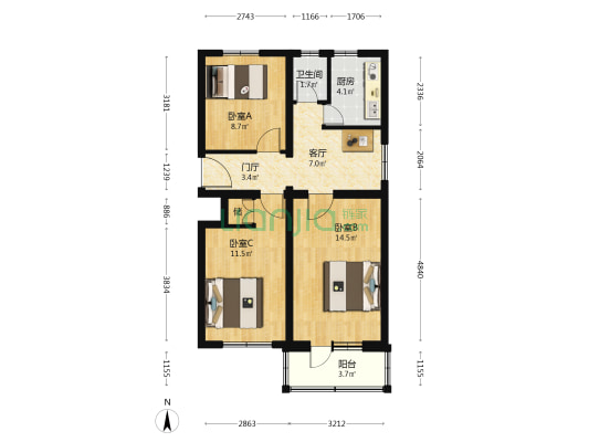 三家店东街8号院 3室1厅1卫 72平方