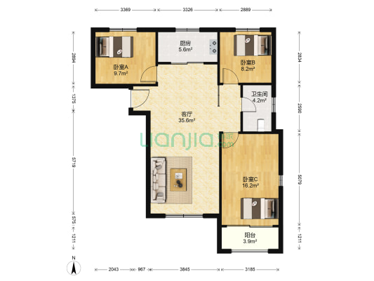 金沙滩壹号 3室1厅1卫 119平方