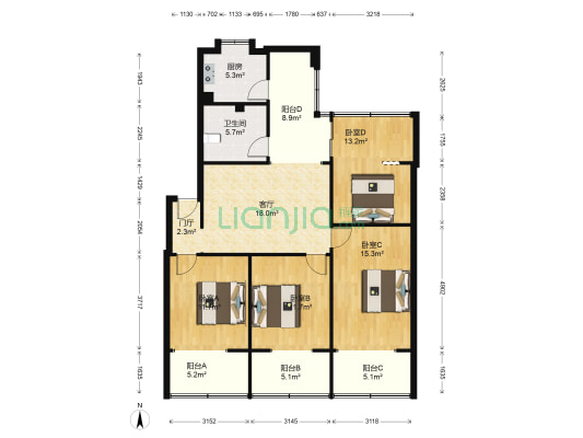 光荣北路87号 4室1厅1卫 128平方