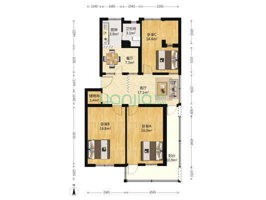 新华书店宿舍 3室2厅1卫 105平方