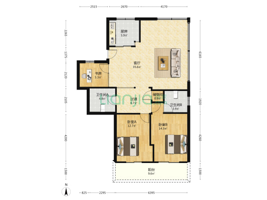 海华 3室1厅2卫 115平方