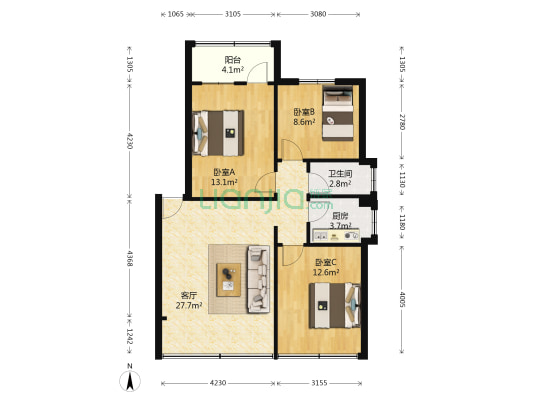 普陀路62号 3室1厅1卫 80平方
