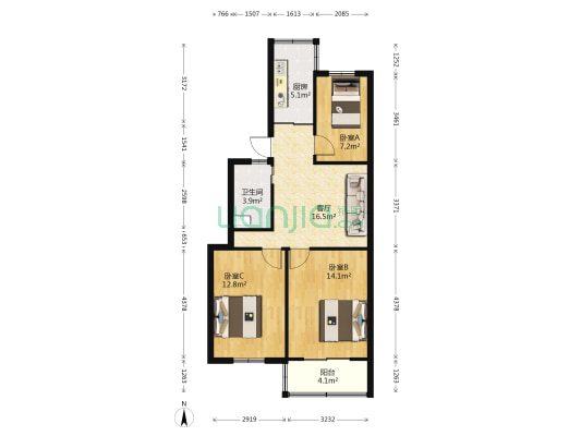 碧树园南片 3室1厅1卫 77平方