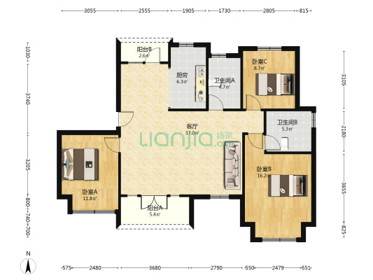 园林洋房社区 南北通透三居双卫 毛坯 看房方便-户型图