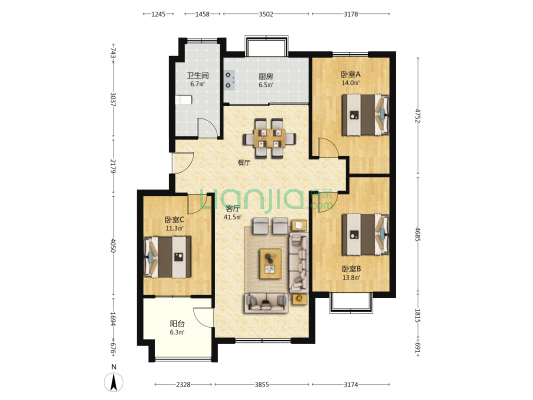 方大公司生活区 3室1厅1卫 125平方