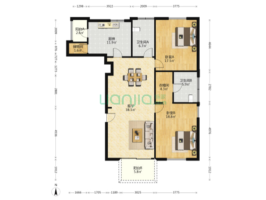 富国高银 2室1厅2卫 164平方