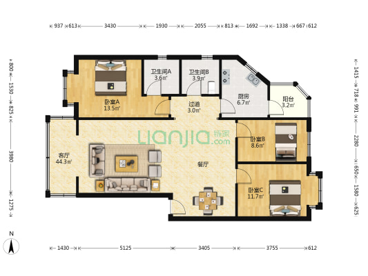 宝光大道中段46号 3室1厅2卫 117平方