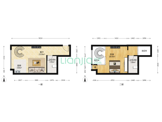 后现代城C区 1室1厅2卫 88平方