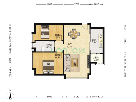 西部国际金融中心 2室1厅1卫 91平方