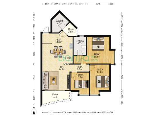 城市之光小区 3室2厅2卫 110平方